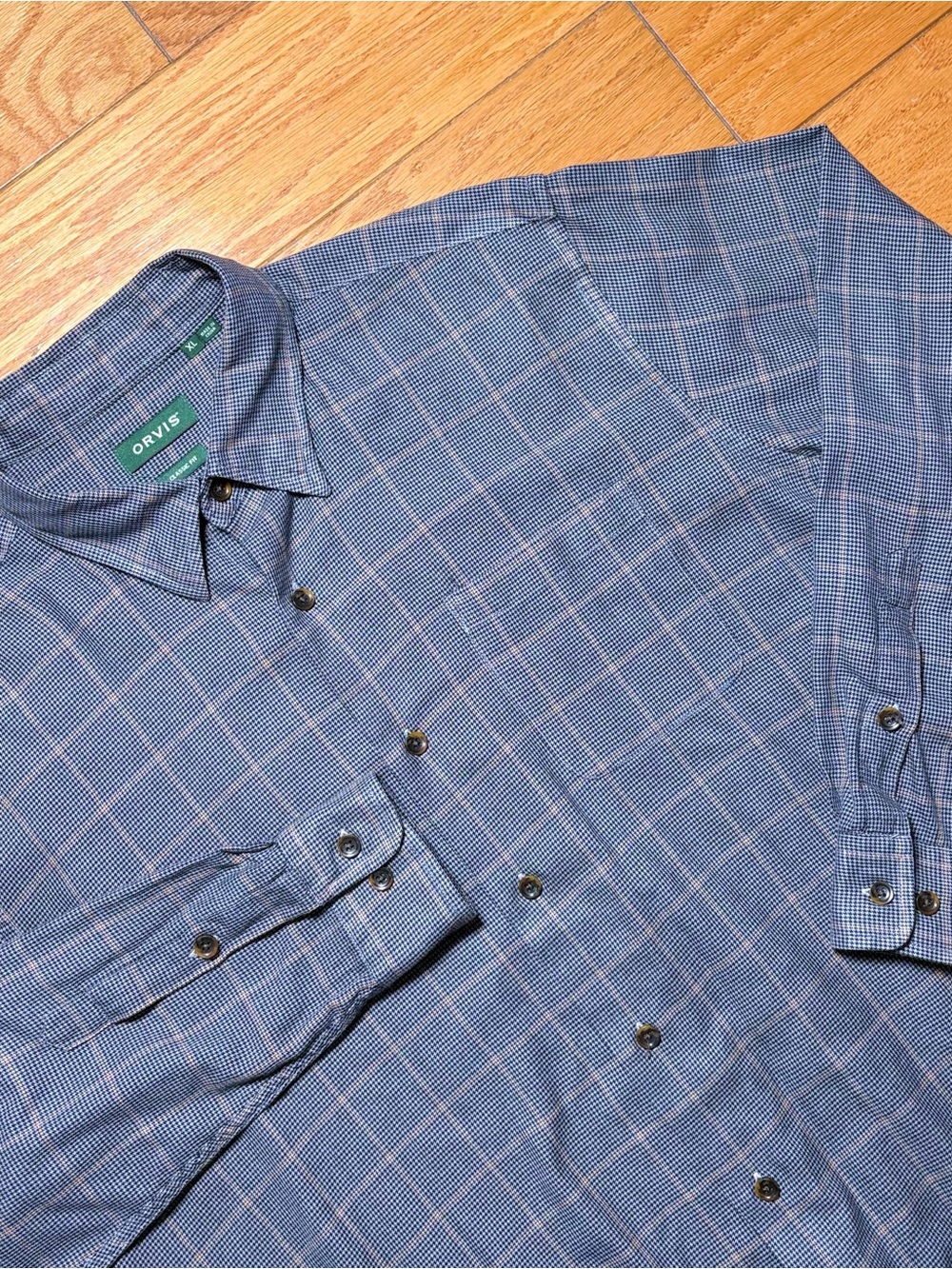 Orvis Men's Grey Plaid Houndstooth Checked Button-Up Shirt wool